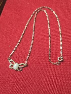 Blue Lace Agate Silver Tone Butterfly Pendant Necklace with Paperclip Chain